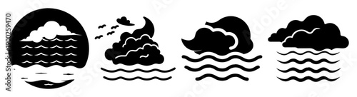 A set of weather icons featuring clouds and wavy lines on a transparent background