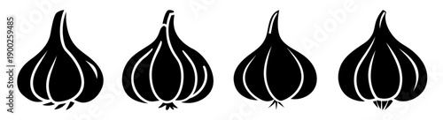 A set of four black garlic bulb silhouettes on a white background