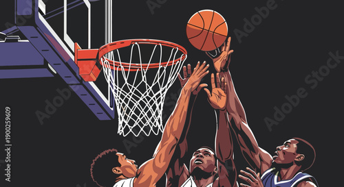 Intense basketball game moment with players reaching for the ball near hoop