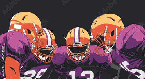 Intense team huddle of american football players in bold colors
