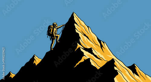 Adventurous climber ascending majestic mountain peak under clear blue sky