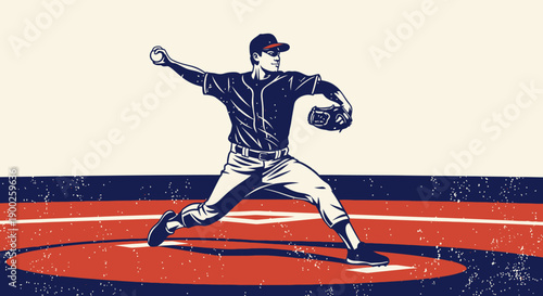 Dynamic retro baseball pitcher in action with vintage grunge effect
