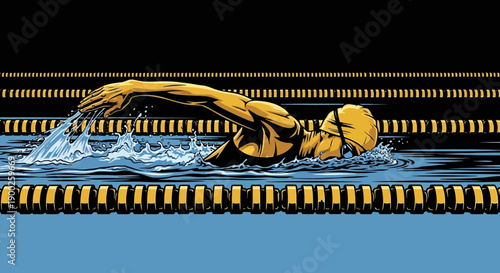 Athlete swimmer in pool performing powerful stroke in dynamic comic art style