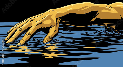 Golden hand reflections in water at night in pop art style