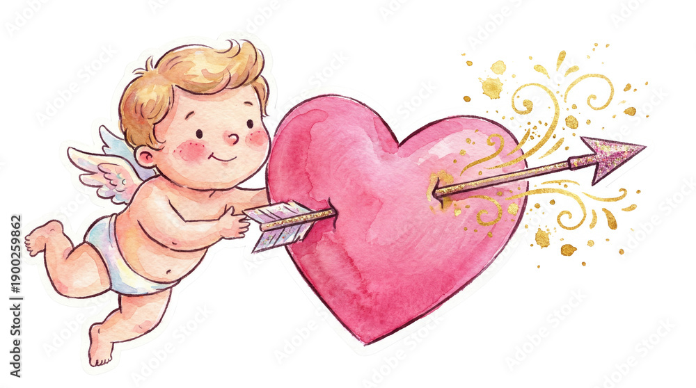 Fototapeta premium Watercolor illustration of a smiling baby cupid cherub with wings and diaper flying while holding a large pink heart pierced by an arrow with gold decorative flourish