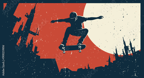 Urban skateboarder in mid-air silhouette against abstract cityscape