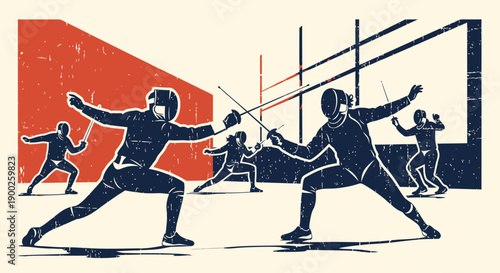 Dynamic fencing match silhouettes with vintage style and bold geometric background