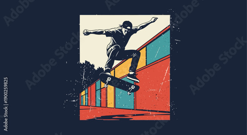 Urban skateboarding dynamic pop art with colorful geometric background