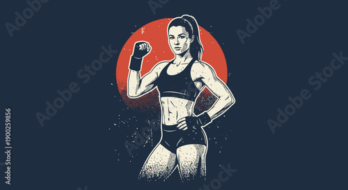 Retro fitness woman with red sunburst background in vintage style