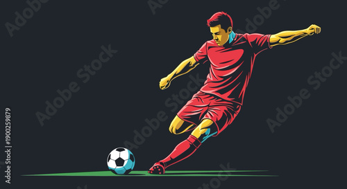 Dynamic soccer player kicking ball on dark background in vibrant colors