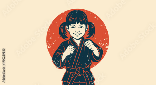Retro style girl in martial arts pose with red circle background