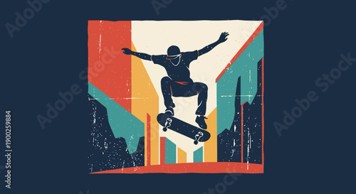 Dynamic skater performing trick in retro urban style art with vibrant colors