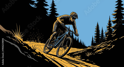 Mountain biker riding through forest trail at sunset in vintage comic style