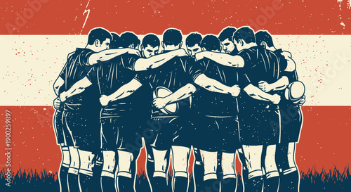 Rugby team huddle: vintage style in red and white background highlighting unity