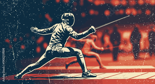 Dynamic fencing duel in vintage style with bold colors and textured effects