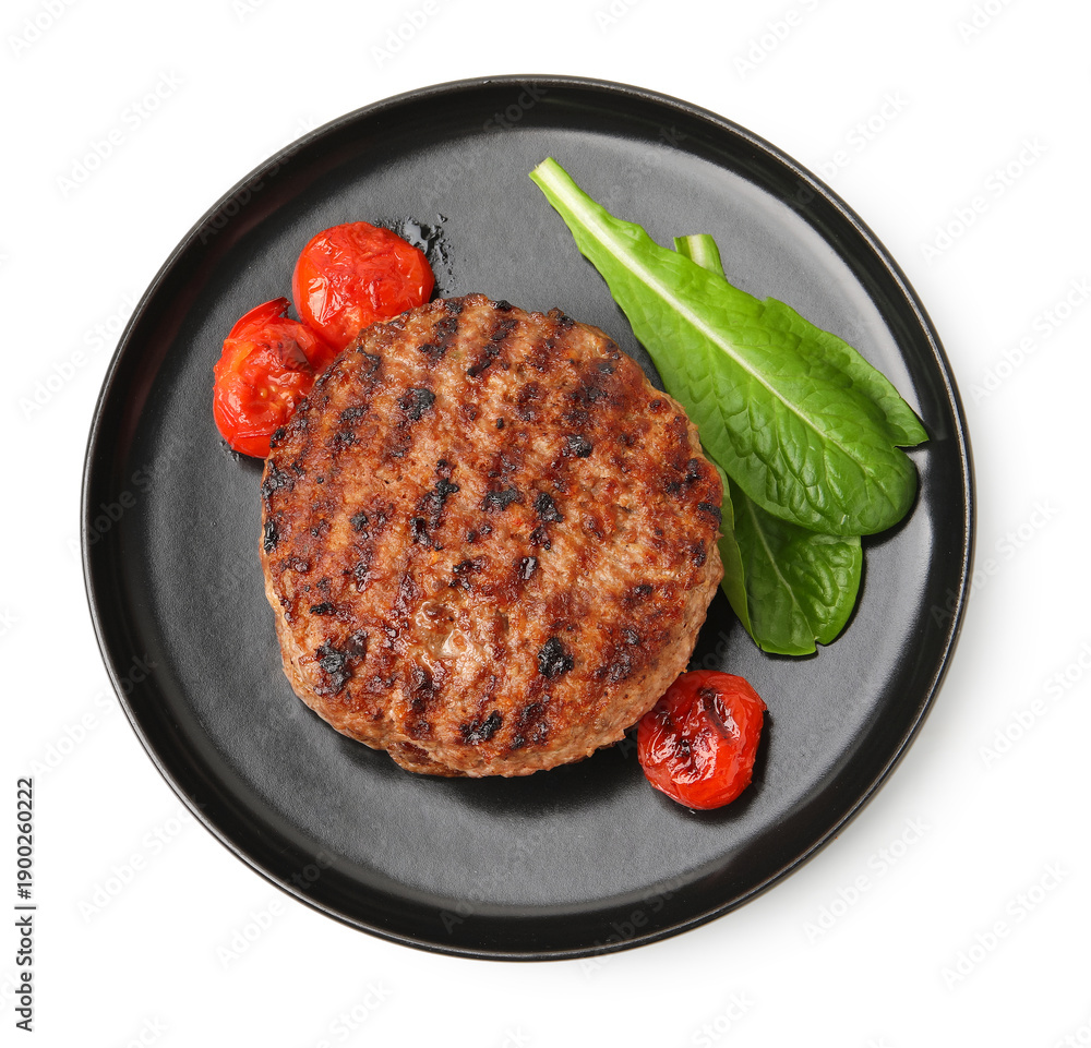 Obraz premium Delicious grilled meat patty, tomatoes and spinach isolated on white, top view