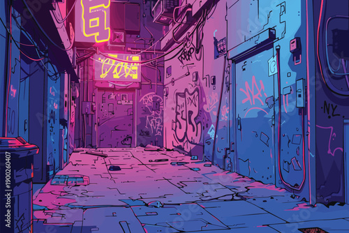 Cyberpunk Alley with Neon Signs and Graffiti isolated