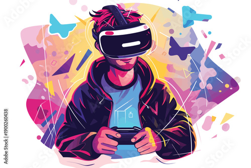 Gamer Immersed in Virtual Reality isolated