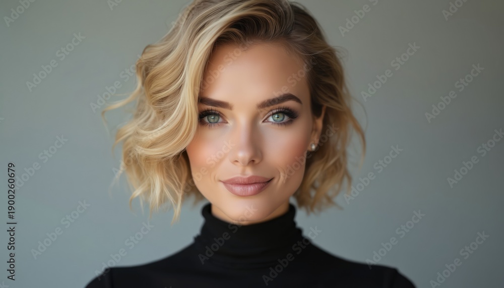 Obraz premium Blonde woman with wavy bob haircut and natural makeup poses in studio. She wears black turtleneck shirt, looking at camera with blue eyes. Glamorous portrait evokes beauty and style.