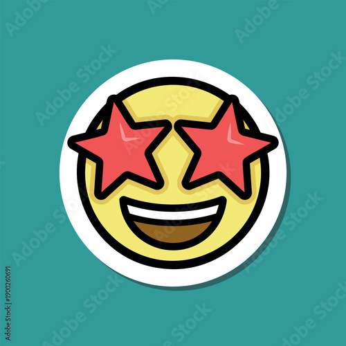 excited star struck emoji sticker, grinning face with red star eyes, vector design element
