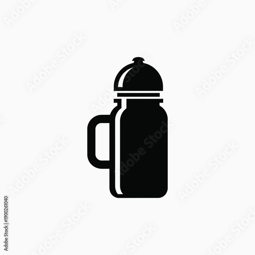 Simple black illustration of a thermos with a handle and lid on a plain background