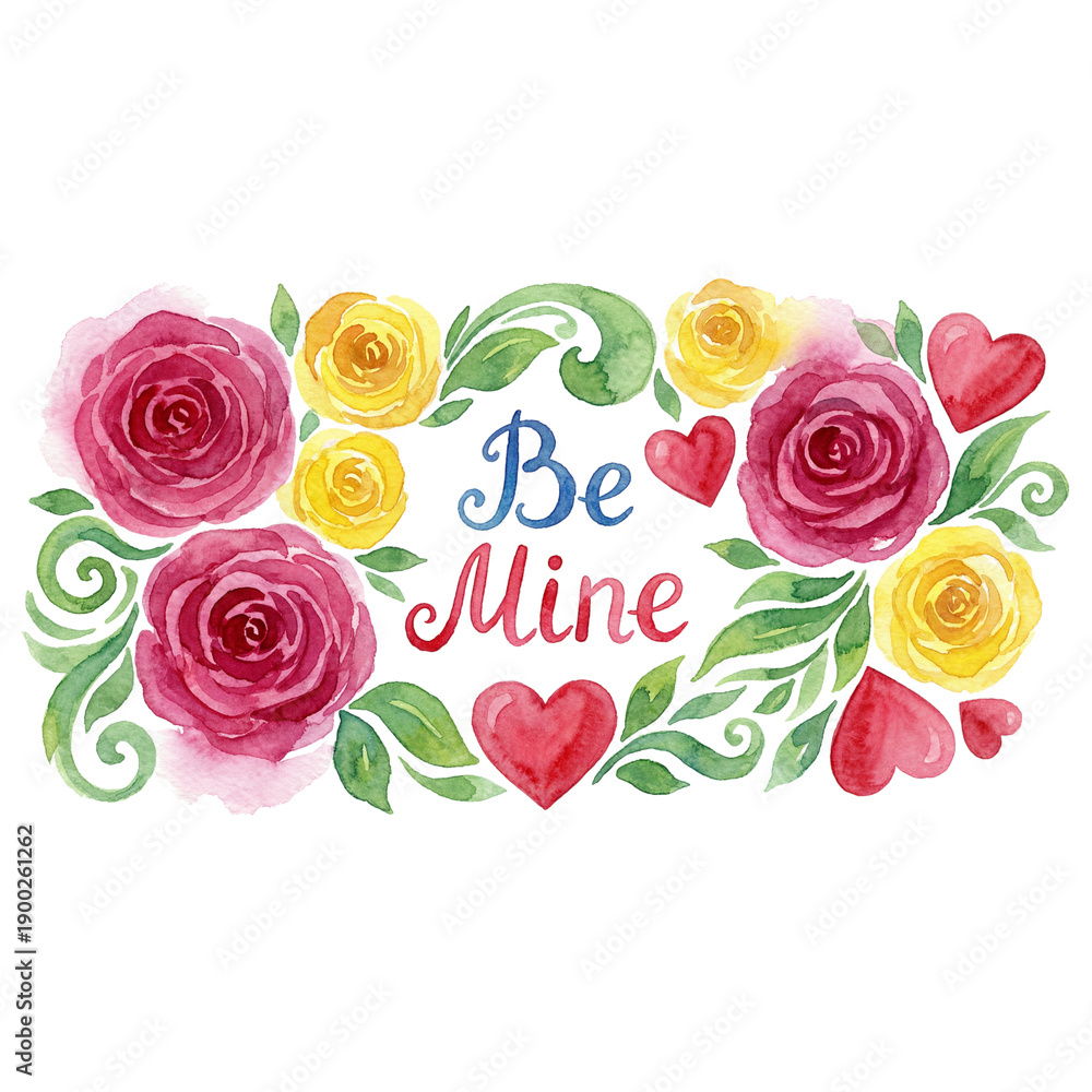 Fototapeta premium Watercolor floral Valentine composition with red and yellow roses, green foliage, hearts and hand-lettered 