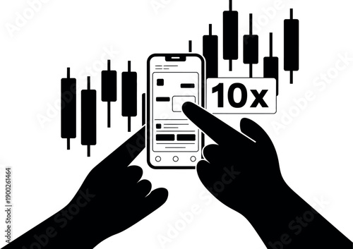 A person using a smartphone to analyze financial charts and trade stocks with a potential 10x return on investment