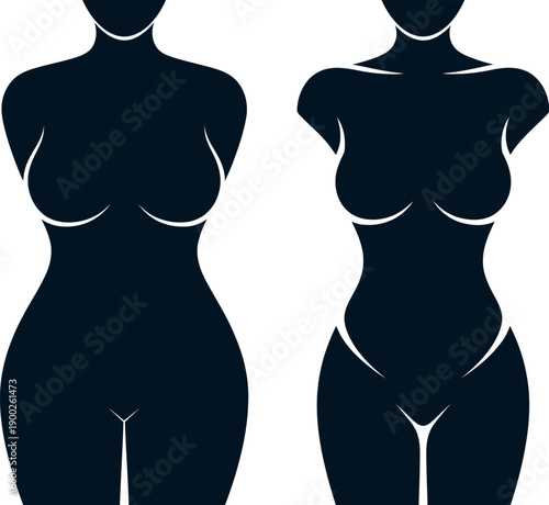 Two female silhouettes with different body shapes standing side by side on a white background