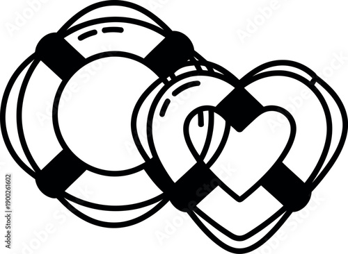 A black and white illustration of two life preservers intertwined in a heart shape on a white background