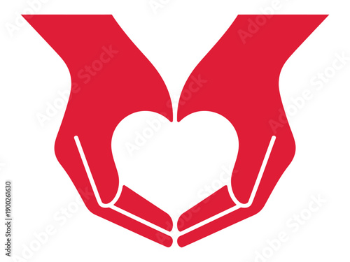 A red logo of two hands holding a heart symbolizing love and care