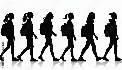 Silhouettes of diverse young women with backpacks walk in unison. They wear casual outfits, ready for school or travel. Their forward motion suggests progress and education.