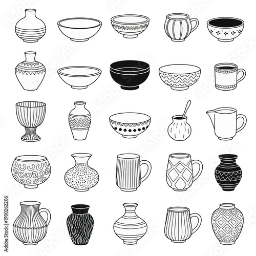 Hand drawn pottery vectors set.,collection of ceramic vases, bowls, and mugs, black and white  illustration