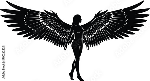 Beautiful, angel, woman, silhouette, with, large, wings, vector, illustration, isolated, on, white, background, mythological, creature, fantasy, female, guardian, spirit, divine, symbol