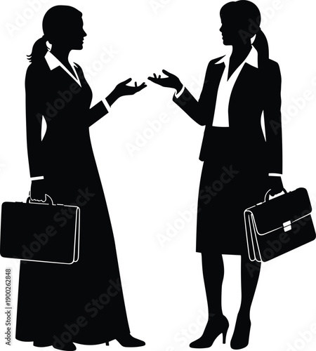 Businesswomen professional silhouette set, two corporate women talking with briefcases, office networking concept, female entrepreneurs in formal suits, work communication vector icons.