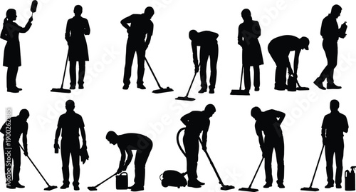 Professional, cleaning, service, silhouettes, set, vector, illustration, isolated, on, white, background, cleaners