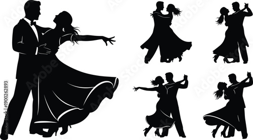 Romantic, ballroom, dancing, couple, silhouettes, set, vector, illustration, isolated, on, white, background