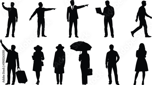 Black silhouettes of people in various poses, business professionals walking, traveling with luggage, using laptop, pointing, holding umbrella, standing man and woman vector