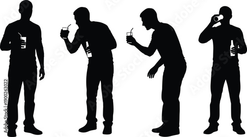 Black, men, drinking, silhouettes, set, vector, illustration, isolated, on, white, background, guy, holding, glass, bottle, soda, water, beer, party, refreshment, lifestyle, collection