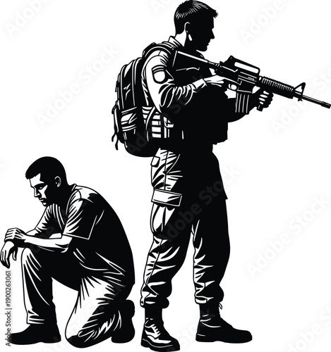 Soldier in uniform with rifle standing over grieving man, military conflict and ptsd concept, war consequences silhouette, veteran mental health, combat stress illustration.