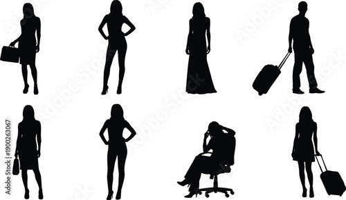 Black, people, silhouettes, set, vector, illustration, isolated, on, white, background, travelers, walking, with, luggage, suitcase, woman, dress, sitting, chair, fashion, lifestyle, collection