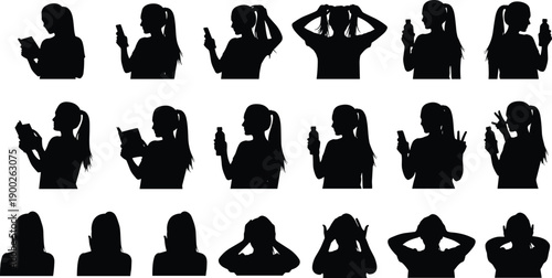 Black, woman, silhouettes, set, vector, illustration, isolated, on, white, background, girl, reading, book, holding, phone, bottle, water, hair, care, lifestyle, collection, poses