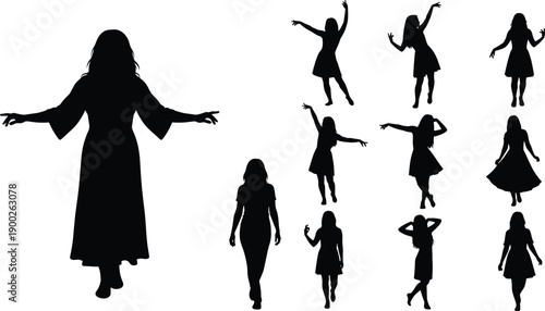 Women dancing and walking silhouette set, female fashion poses, girl in summer dress celebrating, expressive movement icons, joy and freedom lifestyle concepts.