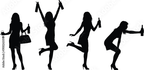 Women drinking wine and champagne silhouette set, girl holding bottle and glass, nightlife party celebration icons, female social club activities, luxury event poses.