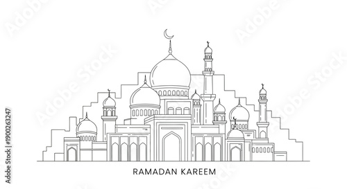 Ramadan Kareem Islamic Mosque Architecture Line Art.