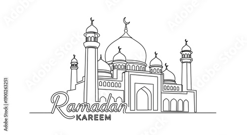 Continuous line drawing of a mosque with Ramadan Kareem text.