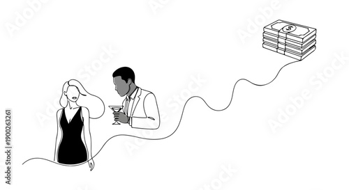Continuous one line art drawing of a couple enjoying drinks and stacks of money, representing wealth and luxury