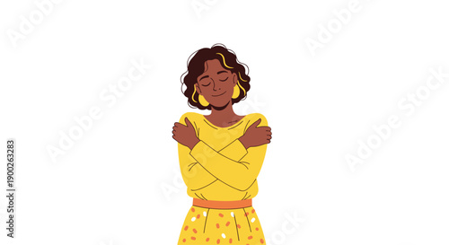 Content young woman embracing herself in a comforting hug, radiating self-love and gentle positive emotions.