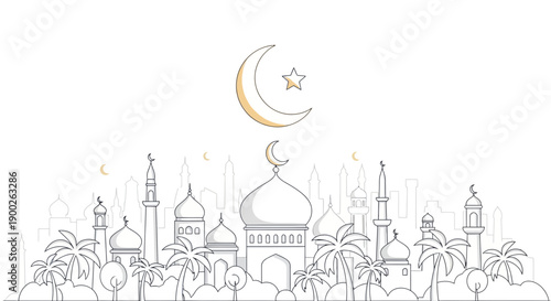 Islamic Mosque Architecture Crescent Moon Star Illustration.