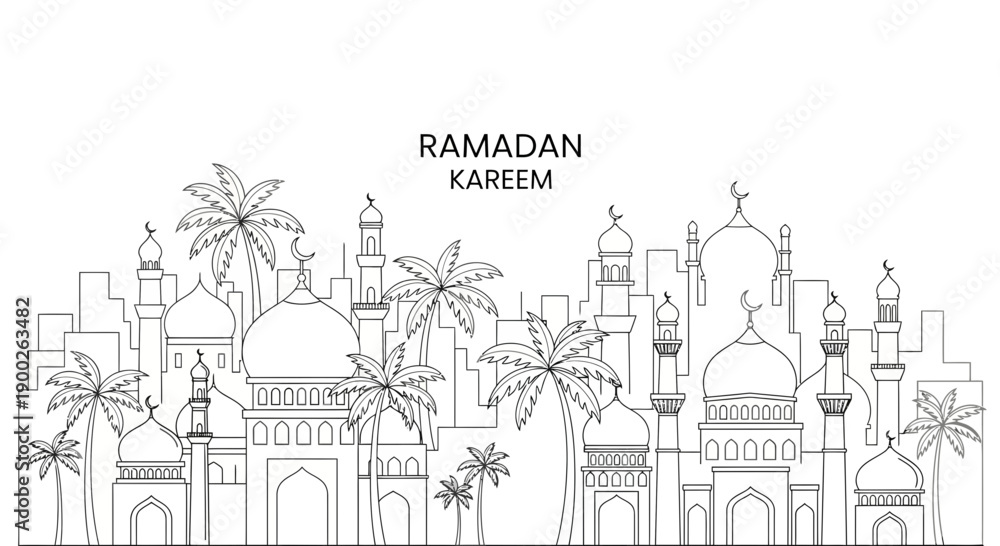 Obraz premium Islamic Mosque Architecture Line Art Illustration.