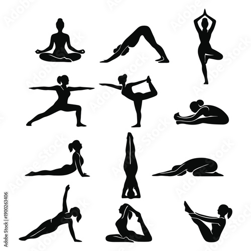 Yoga silhouettes of people in various poses